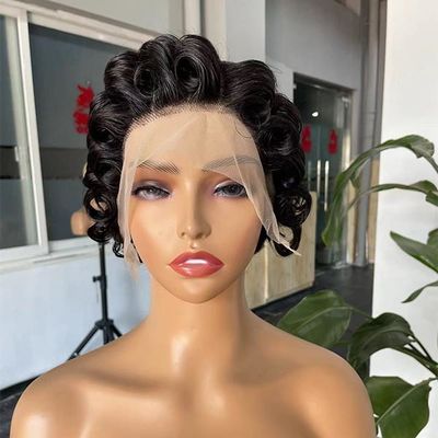 Big Wavy Frontal Pixie Cut Human Hair Wigs Transparent Full Lace 10inch